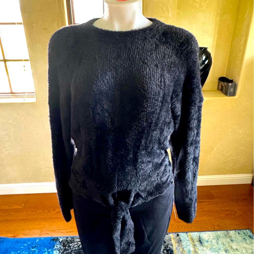 New Express Black Fuzzy Sweater Front Knot Tie Size Medium